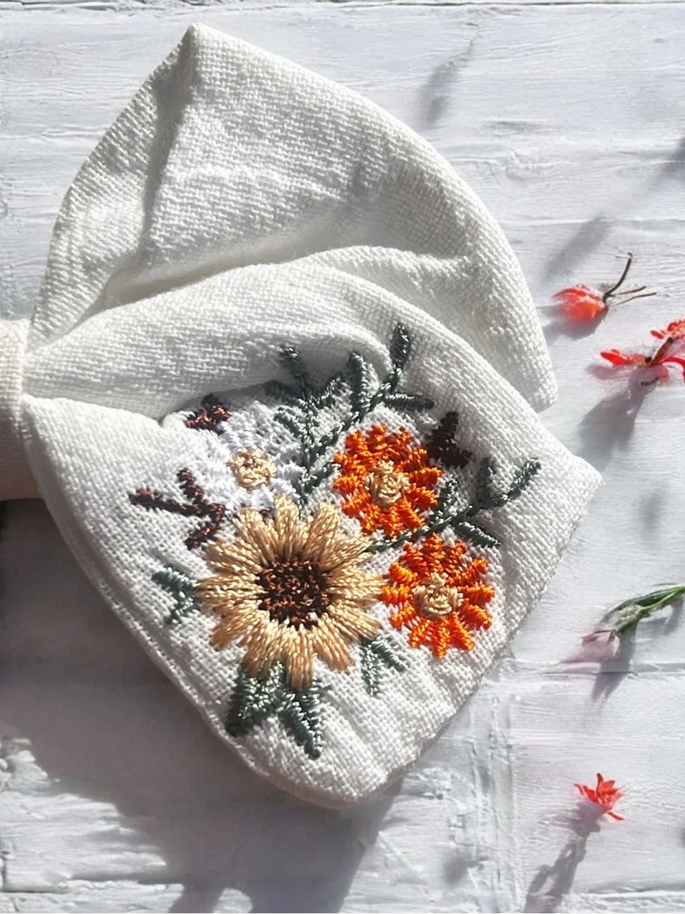 Handmade Linen Sunflower Floral Embroidered Hair Bow Clip